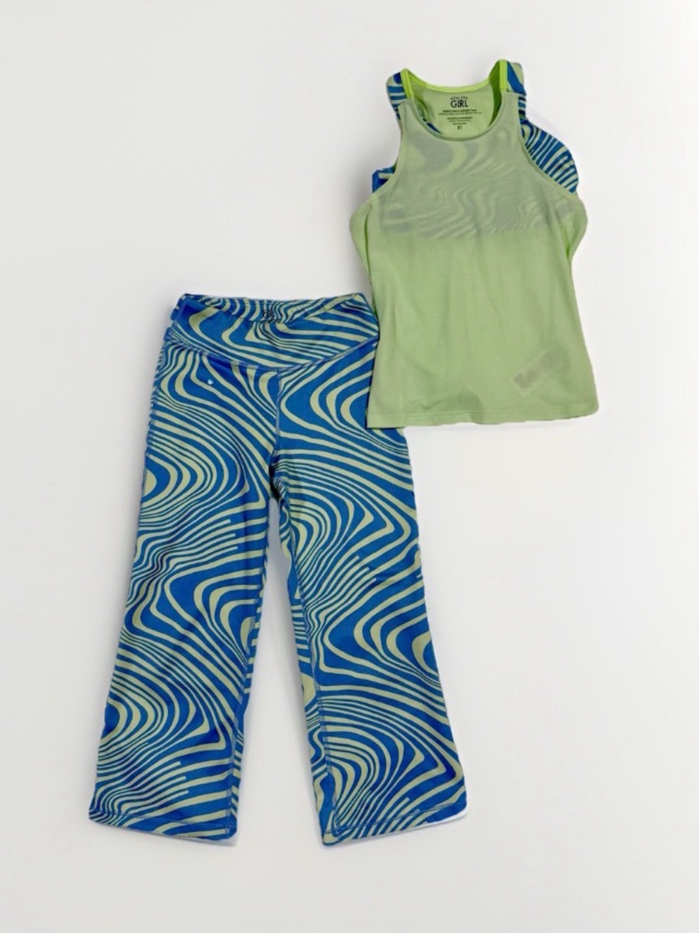 ATHLETA GIRL Sz 7 Perfect Match Tank With Chit Chat Kick Flare Capri Blue Green